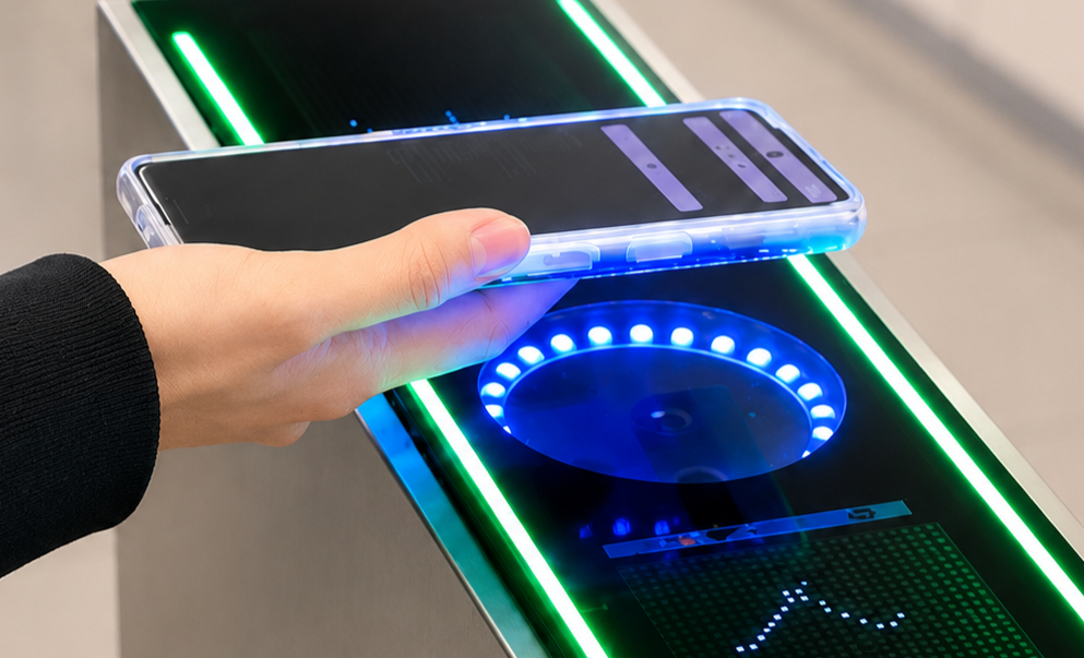 スマートフォンをかざしてBluetooth認証を行っている様子