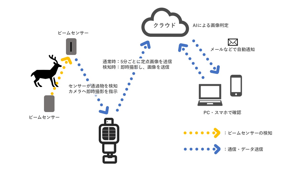 ビームセンサー、自立型AIクラウドカメラ、クラウドAI、通知機能で構成する鳥獣監視システム